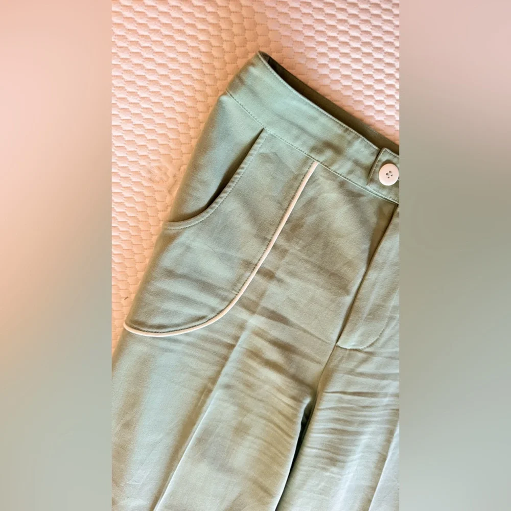 MODCLOTH Pastel Mint Green Wide Leg Trousers Pants w White Piping Trim